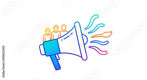 Team communication and public announcement concept with gradient colored megaphone and workers