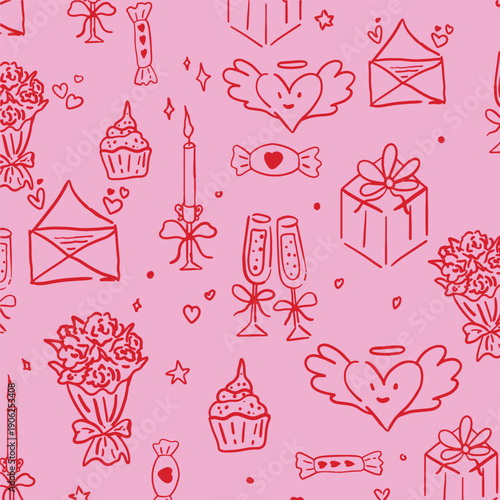 Romantic Celebration Seamless Pattern – Hand‑Drawn Red on Pink