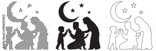 Family enjoying a starry night under a crescent moon