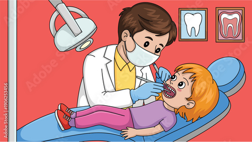 Professional male dentist in mask and gloves performing dental checkup on young girl patient in clinic office vector illustration isolated on red background