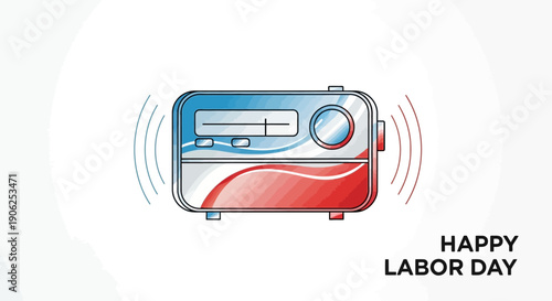 Happy Labor Day radio broadcast illustration with red and blue patriotic theme celebrating the
