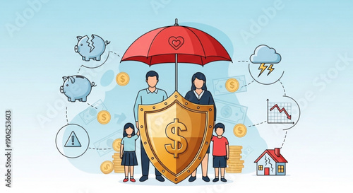 Family protected by financial shield and umbrella from economic uncertainty and risks
