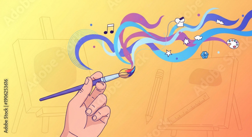 Hand holding paintbrush creating colorful swirling art with music notes and stars on yellow background