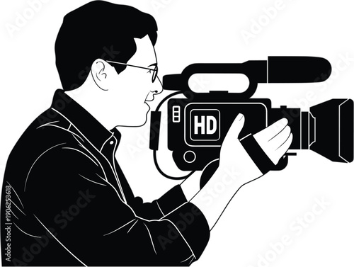 Professional male videographer silhouette using high definition HD video camera for movie production and media broadcasting industry