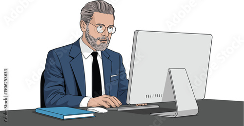 Professional mature businessman with beard and glasses working on desktop computer at office desk in formal blue suit