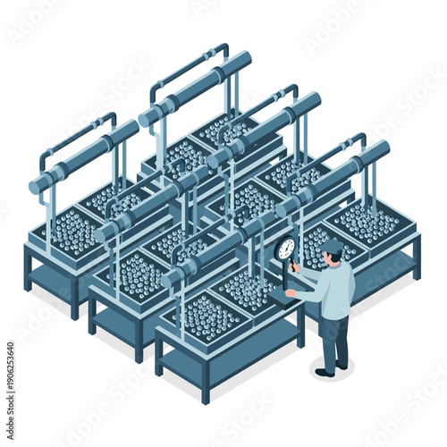 Industrial coffee roasting process with multiple roasting drums and a quality control inspector.