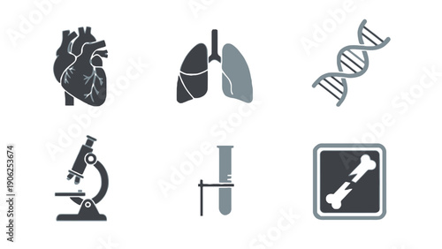 Medical icon set including heart, lungs, DNA, microscope, test tube, and bone