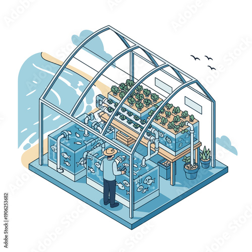 Isometric Greenhouse with Farmer Tending to Plants and Hydroponic System.