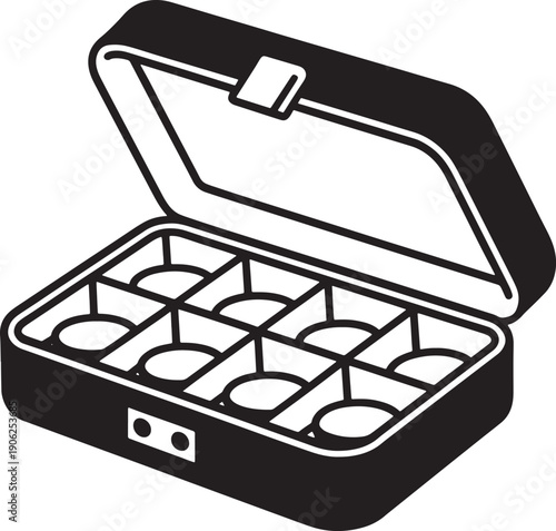 Open jewelry storage box vector illustration eight compartments clear lid outline drawing design template graphic.