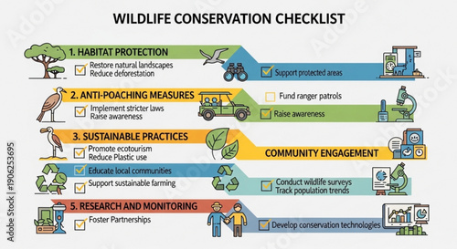 Wildlife conservation checklist infographic with habitat protection anti poaching measures sustainable practices