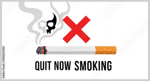 No smoking warning sign with cigarette and skull symbol on white background