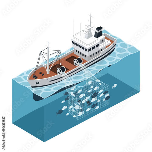 Isometric illustration of a fishing trawler with nets in the water.
