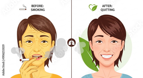 Smoking cessation concept with before and after quitting illustrations of a woman