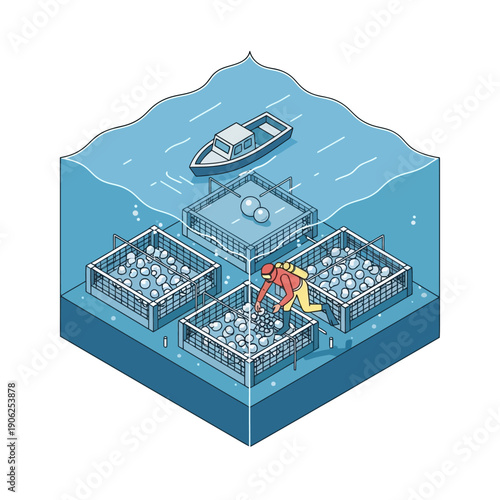 Underwater fish farm with cages and diver inspecting the nets.
