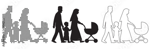 A loving family silhouette walking together with a baby stroller and child