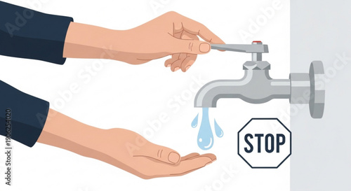 Person turning faucet handle with one hand and cupping the other under running water with a stop sign
