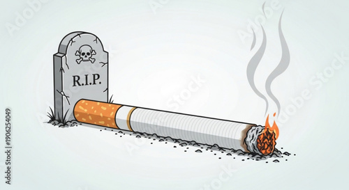 Smoking cessation concept with burning cigarette and rip tombstone symbolizing quitting dangers