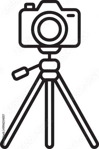 Professional digital camera mounted on a portable tripod stand shooting video or taking photographs icon