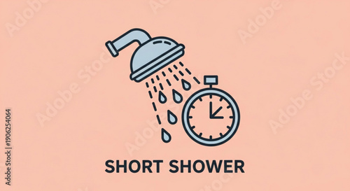 Short shower concept with clock and water droplets on peach background