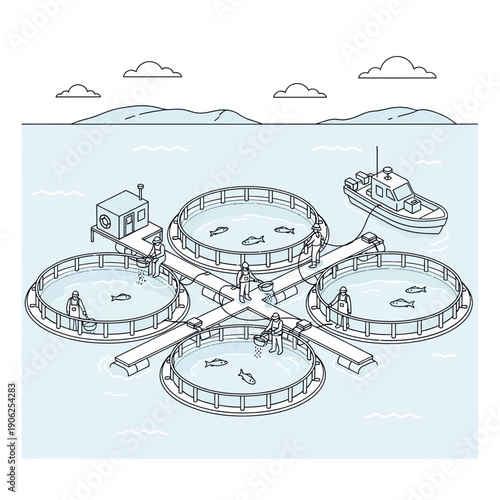 Fish farm with circular cages and service boat.