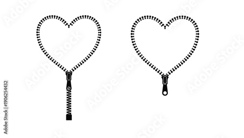 Zipper heart shaped icons in black and white illustration style