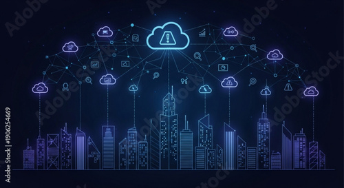 Neon cloud network connecting city skyline at night with data flow and security symbol