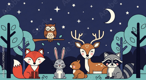 Woodland animals gathered under starry night sky with moon forest creatures together in harmony