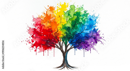 Vibrant rainbow colored tree with paint splatter effect on white background symbolizing diversity and creativity