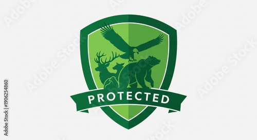 Protected wildlife conservation emblem with shield animals and green banner on white background