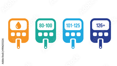 Four glucose meters show different blood sugar level readings.