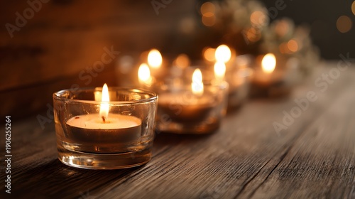 Warm candlelight illuminates a row of glass votive candles on a wooden surface, creating a cozy atmosphere.