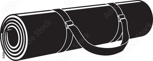 Minimalist yoga mat with strap - black and white vector isolated on white background