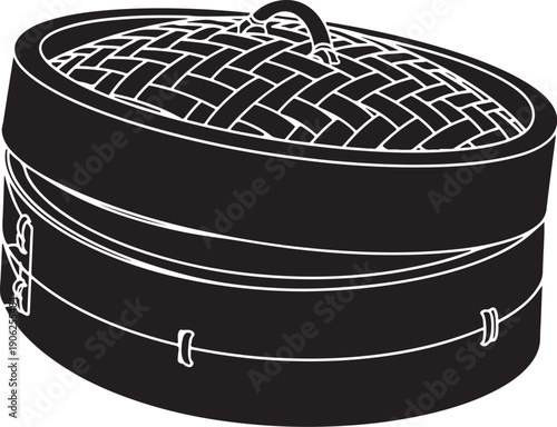 Minimalist black round basket with handles isolated on white background