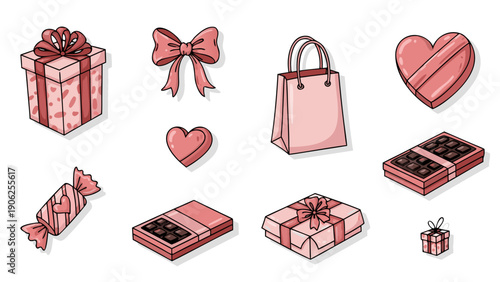 Collection of pink Valentine's Day gifts and sweets in a charming hand-drawn style