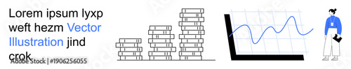 Financial progress, data analysis, business growth, investment strategy, modern business tools, professional workspace. Stacked coins, a chart and a person holding a file. Financial progress