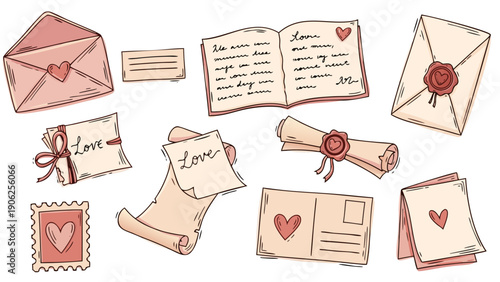 Collection of romantic letters and envelopes with hearts and wax seals