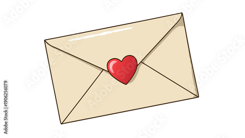 Cream colored envelope with a red heart seal, isolated on white background