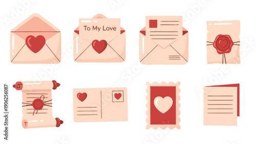 Collection of romantic letters and envelopes with hearts and seals