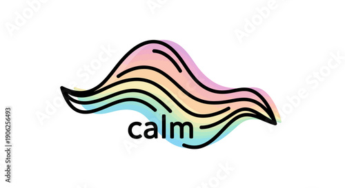 Vibrant pastel wavy graphic featuring the word 'calm' symbolizing peace and tranquility on white