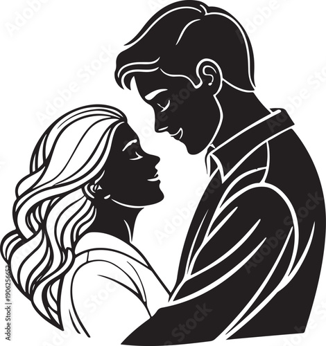Premium black silhouette vector of couple hugging affectionately, minimalist love illustration, smooth curves, clean outline, Valentine’s Day, intimacy, relationship, romantic, flat design
