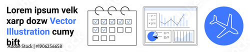 Checked calendar, analytics dashboard with charts, airplane icon representing planning, analysis, and travel. Ideal for scheduling, business strategy, data-driven decisions, aviation time