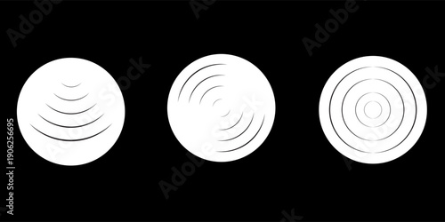 Sound wave vector icons. Circle radar or sonic sonar signals, pulses. Speaker with noise energy in air graphic. Round radio frequency. Abstract radial vibration symbol on white background. Loud scan.