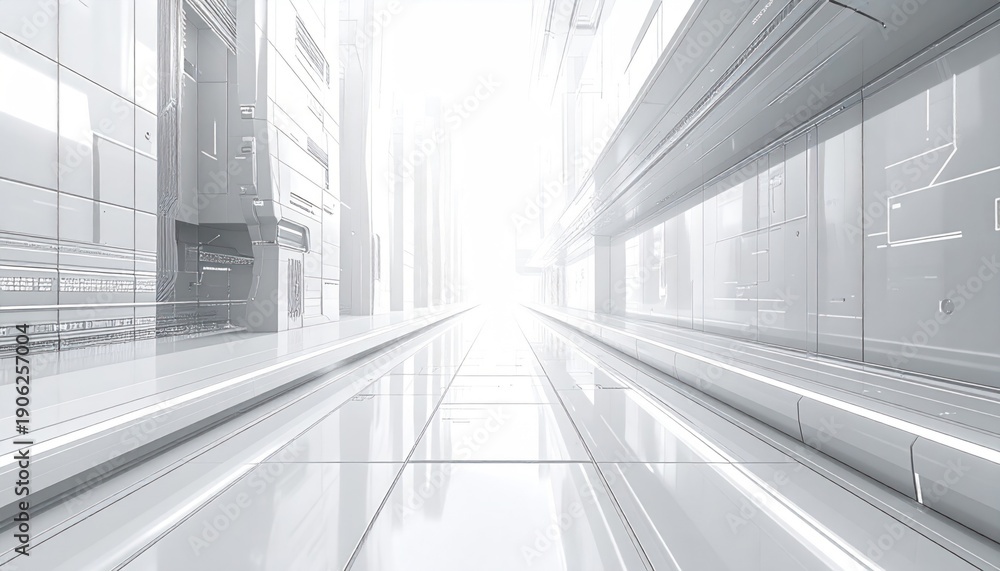 Fototapeta premium Gleaming, futuristic corridor with reflective surfaces leading to an intense white light