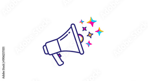 Vibrant Megaphone Announcement Icon with Sparkling Stars Promoting Special Event News and Digital