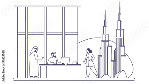 Business people in an office with a city skyline in the background.