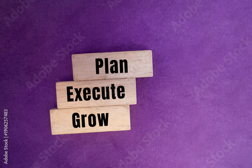 Foto Plan execute grow written on wooden blocks on lavender fabric background for business strategy concept