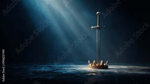 Sword crown fantasy power symbol, medieval weapon royal authority, dramatic light on dark stone floor