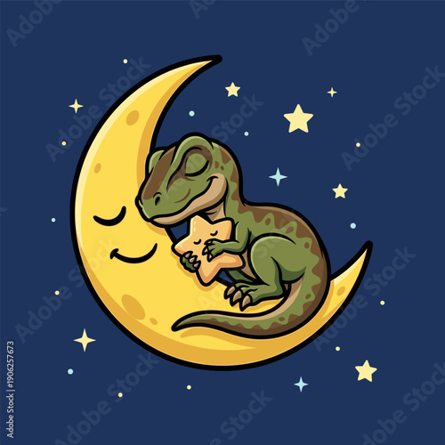 Sleeping Baby Dinosaur Curled Up On Crescent Moon