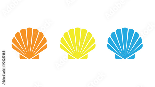 Three colorful scallop shells are displayed in a row on a white background.