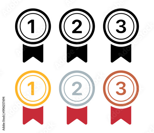 Award medal icons set, gold silver and bronze trophy ribbons with numbers for sports ranking competition and achievement vector illustration